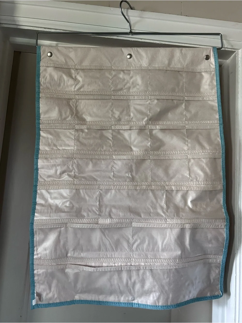 Simple White Canvas Jewelry Organizer with Blue Trim